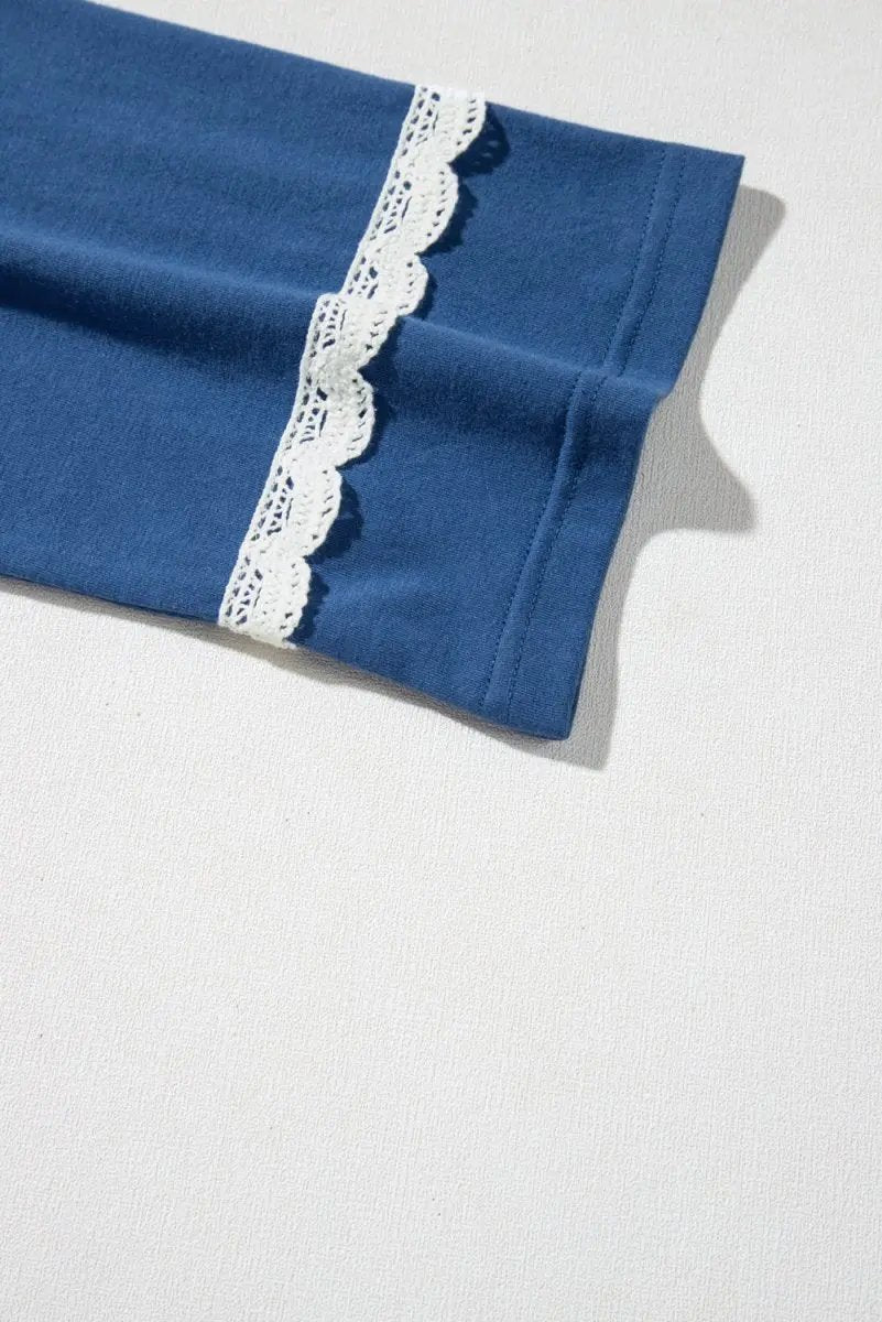 Blue Geometric Printed Lace Patchwork Ric Rac Raglan Top - Love Salve